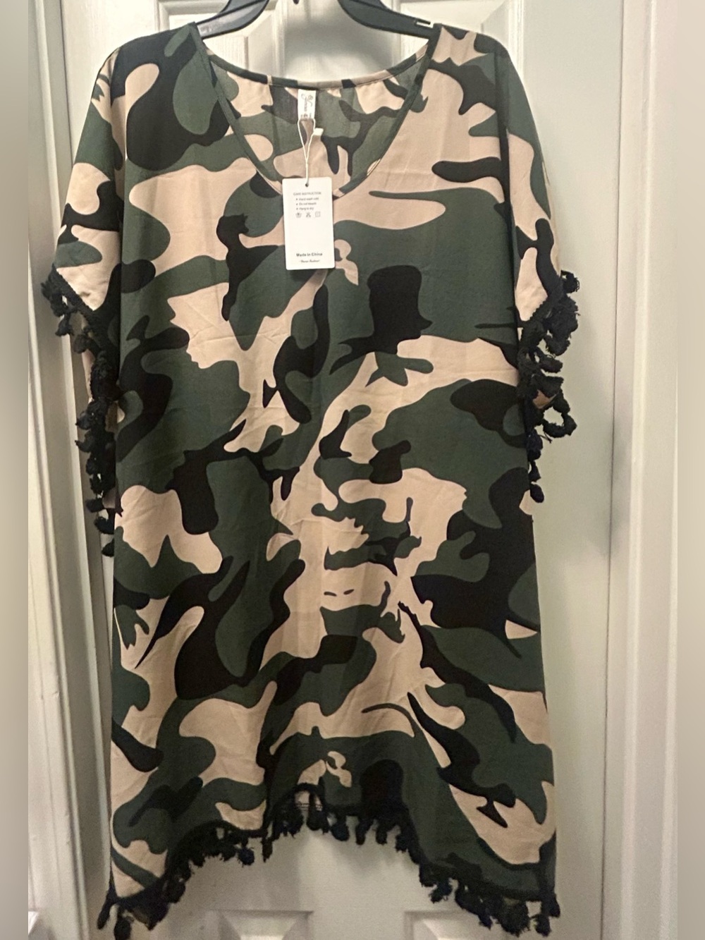 NWT Camouflage Poncho Tunic with Fringe Trim